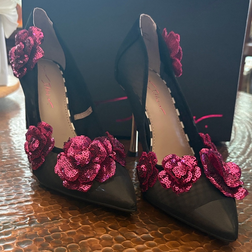 Betsey Johnson Black Heels with Pink Sequin Flowers
